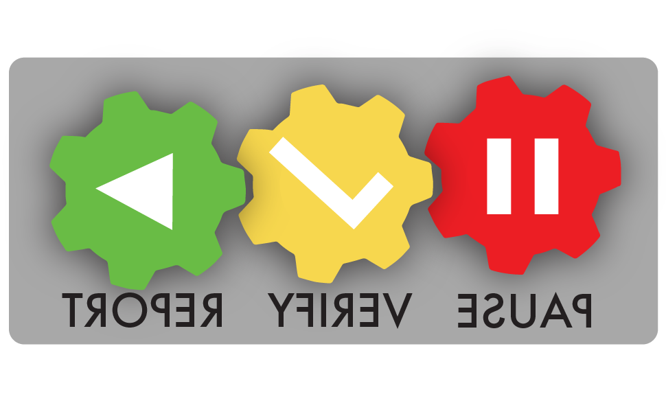 The 'Pause Verify Report' logo, 由带有暂停标志的红色齿轮组成的, a yellow gear with a checkmark, and a green gear with a play sign, 以及下面的“PAUSE VERIFY REPORT”字样
